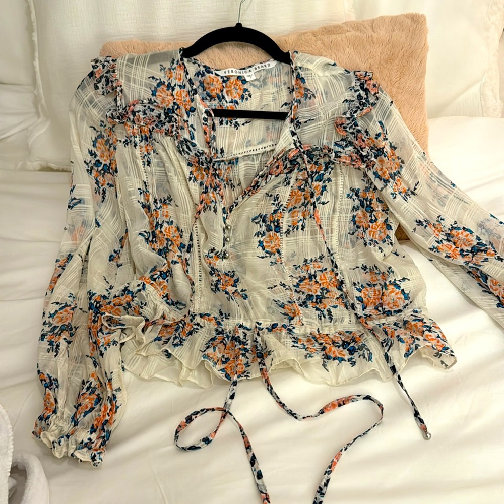 Veronica Beard size 2 silk, blue and orange and cream, slightly sheer